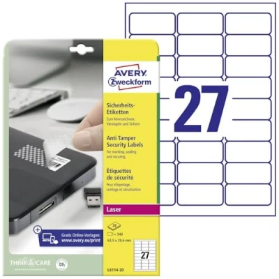 Obrázek AVERY Zweckform L6114 20 bezpečnostní etikety (540 fóliových nálepek, 63,5 x 29,6 mm na A4, silně samolepicí, ochranná fólie odolná proti falzifikování/manipulaci, potištěná lepicí fólie) listů, bílá