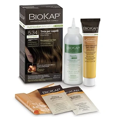 Obrázek BIOKAP RAPID permanentní barva na vlasy 5. 34 med kaštanově hnědá POUZE 10 minut působení bio arganový olej TricoREPAIR komplex VEGAN Optimální zakrytí šedin až 80 % přírodních složek