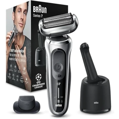Obrázek Braun elektrický holicí strojek Series 7, 360 Flex s čisticí stanicí, zastřihovač a strojek, suchý Made in Germany, 71 S7200cc, stříbrný