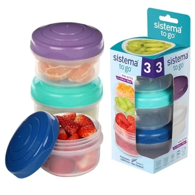 Obrázek Sistema Snack Pots Mini Bites TO GO dózy na uchovávání potravin, 130 ml, stohovatelné svačinové boxy s víkem, bez BPA, 3 kusy