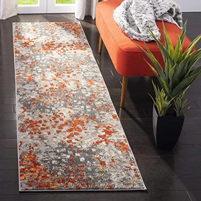 Obrázek SAFAVIEH Boho koberec do obývacího pokoje, jídelny, ložnice Monaco Collection, krátká předsíň, šedá a oranžová, 80 x 180 cm