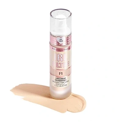 Obrázek Makeup Revolution, IRL filtr, základ s dlouhou trvanlivostí, střední až plná krycí síla, matný povrch, trvanlivost 16 hodin, F1, světlé tóny pleti, 23 ml