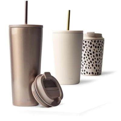 Obrázek MAMEIDO Termohrnek s brčkem 700 ml &amp; 470 pohárek na pití víkem a z ušlechtilé oceli dvoustěnné izolované, zabezpečený proti vytečení hrnek kávu to go (růžový křemík, 0,7 l)