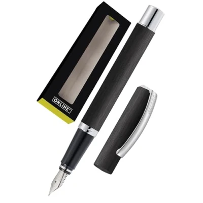 Obrázek ONLINE Füller Vision Black I elegantní plnicí pero s iridiovým perem M pro standardní inkoustové patrony a konvertor matný kartáčovaný hliníkový povrch černé v dárkovém balení