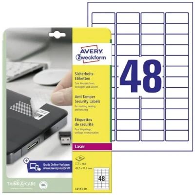 Obrázek AVERY Zweckform Bezpečnostní etikety L6113 20 (960 samolepek na fólii, 45,7 x 21,2 mm A4, silně samolepicí, ochranná fólie proti falšování a manipulaci, potištěná lepicí fólie) listů, bílá