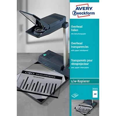 Obrázek AVERY Zweckform 3555 fólie Overhead pro kopírky S/W (100 průhledných fólií, A4, nepotažené, pouze vložení jednoho listu, s mezipapírem, tloušťka 0,10 mm, bez rozpouštědel)