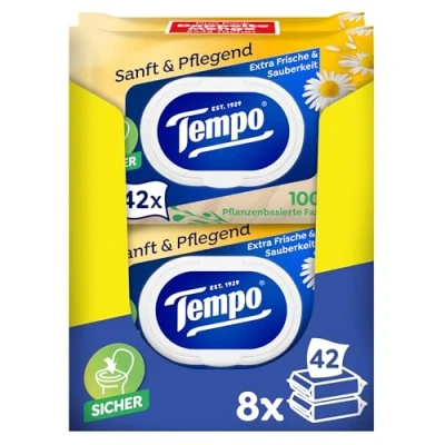 Obrázek Tempo Vlhké toaletní ubrousky &quot;jemné a pečující&quot; mega balení 16 po 42 ubrouskech Duo Packs s přírodním heřmánkem papír, dermatologicky testovaný pH neutrální