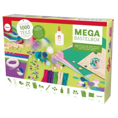 Obrázek Rayher 69186000 mega kreativní sada, 1000 dílků, modro zelené/růžové fialové odstíny, sada pro děti, čistič dýmek, pompomy, peří, pohyblivé oči, flitry, lepidlo kutily,