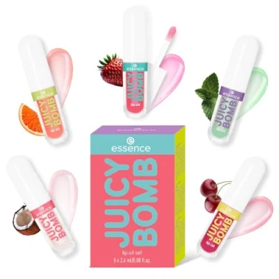 Obrázek essence JUICY BOMB lip oil set 01, péče o rty, vícebarevná, bez acetonu, veganská, mikroplastů, bezlepková, 1 balení (5 ks)