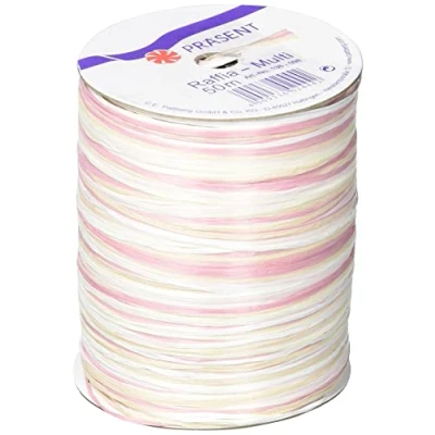 Obrázek PRÄSENT C.E. Pattberg Raffia Multicolour Bastband bílá krémová růžová, 50 m dárková stuha k zabalení, 5 pramenných pásků pro kutily, příslušenství dekoraci a tvoření