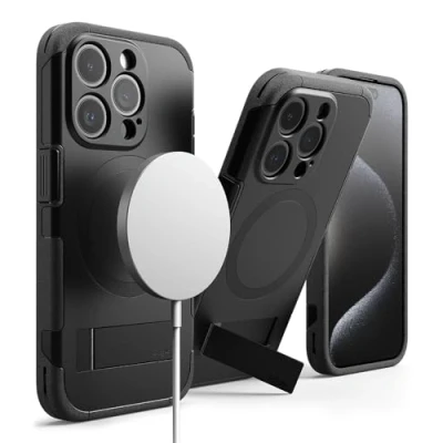 Obrázek Ringke Všechno magnetické pouzdro kompatibilní s pouzdrem iPhone 15 Pro, MagSafe [ochrana fotoaparátu a skládací stojan] lepší přilnavost, na mobil černé