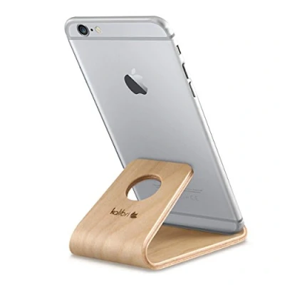 Obrázek kalibri držák na mobilní telefon Smartphone stojan univerzální kompatibilní s iPhone Samsung iPad tabletem apod. stolní stojánek dokovací stanice z březového dřeva světle hnědý