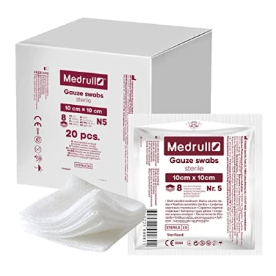 Obrázek Medrull Tampon sterilní 10 x cm Nelepivé obvazy na rány extra savé 8vrstvé balení 5 kusů 20 papírových sáčků (100 kusů)