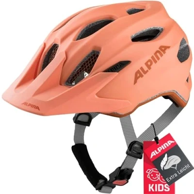 Obrázek Alpina Carapax JR. Lehká, robustní a bezpečná cyklistická přilba se sítí proti hmyzu volitelným LED světlem pro děti, Peach matná, 51 56 cm
