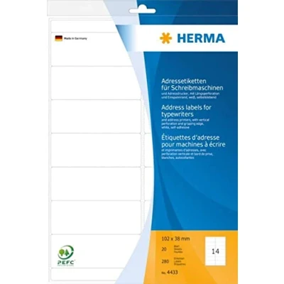 Obrázek HERMA 4433 adresní štítky pro psací stroje, 20 listů, 102 x 38 mm, 14 archů A4, 280 kusů, samolepicí, s možností potisku, matné, prázdné papír, lepicí etikety na adresu, bílé