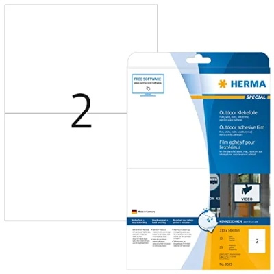 Obrázek HERMA 9535 Fóliové etikety odolné proti povětrnostním vlivům, 10 listů, 210 x 148 mm, 2 arch A4, 20 kusů, samolepicí, s možností potisku, matné, prázdné venkovní lepicí nálepky z polyetylénu,