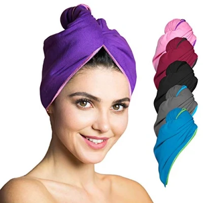 Obrázek Fit Flip Haarurban z mikrovlákna 1 kus ručník do vlasů s knoflíkem rychleschnoucí a savý hlava turban (fialovo růžová)