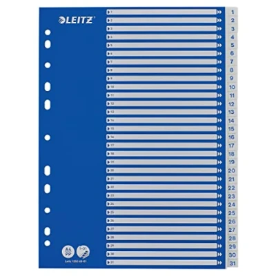 Obrázek Leitz Rejstřík pro A4, titulní list z kartonu a 31 oddělovacích listů plastu, tabulky s potiskem čísel 1 31, modrá/bílá, 12526001