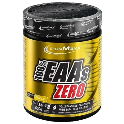 Obrázek IronMaxx 100% dóza EAAs Zero Tropical 500 g EAA prášek, veganský a bez cukru se všemi 8 esenciálními aminokyselinami ovocná chuť, konzervačních látek