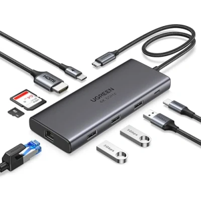 Obrázek UGREEN Revodok Pro 109 USB C rozbočovač 10 Gbps A 3. 2 &amp; 2, HDMI 4K@60 Hz, PD100 W, Ethernet, SD/TF, dokovací stanice kompatibilní s iPhone 15, MacBook Pro/Air, Surface, Galaxy