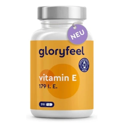 Obrázek vitamin E kapsle nejstabilnější prémiová surovina (DL alfa tokoferylacetát) bioaktivní 179 IE vysoce kvalitní 210 kapslí na 100 dní plná zásoba laboratorně testováno