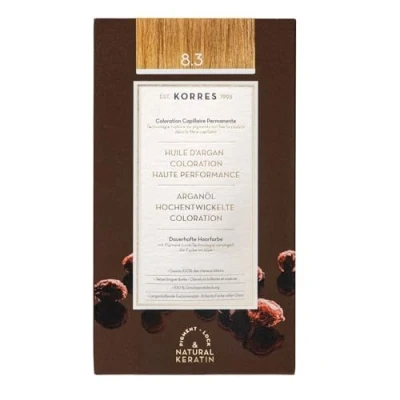 Obrázek KORRES Argan Oil Colorant barva na vlasy bez amoniaku medová blond 8. 3 100% zakrytí šedých vlasů a veganská pro dlouhotrvající barevný výsledek