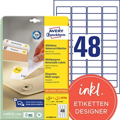 Obrázek AVERY Zweckform L4736REV 25 univerzální etikety (1. 200 plus 240 lepicích etiket extra, 45,7 x 21,2 mm na A4, lze opět beze zbytku odstranit/odstranit, potisknout, samolepicí nálepka) 30 listů,