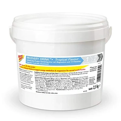 Obrázek DEXTRO ENERGY RECOVERY DRINK TROPICAL (2,5kg kbelíku), elektrolyt prášek s hořčíkem, vitamin E, C, B1, B2, B3, B6, B12, kyselina listová, pantothenová, 3: 1 sacharidový mix proteinů,