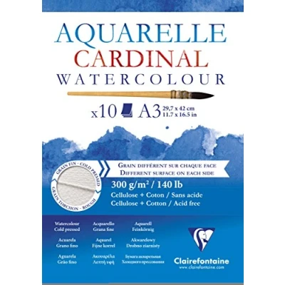 Obrázek Clairefontaine 96184C Cardinal Aquarellblock (DIN A3, 29,7 x 42 cm, 300 g, kopseitig verleimt, 10 Blätter, 2 Körnungen, ideal für Anfänger) extraweiß