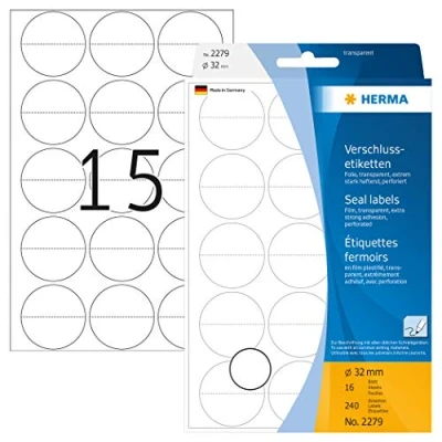 Obrázek HERMA 2279 uzavírací etikety transparentní perforované kulaté, 240 kusů, Ø 32 mm, 15 na archu, samolepicí, bezpečnostní nálepky pro popisování, matné, prázdné pečetě, z fólie
