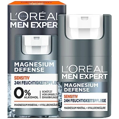 Obrázek L&#039;Oréal Men Expert Citlivá péče o obličej pro muže, uklidňující hydratační krém citlivou pokožku, pleťový muže s hořčíkem a kyselinou hyaluronovou, hořčíkový Defense, 1 x 50 ml
