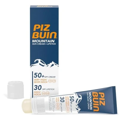 Obrázek PIZ BUIN Mountain 2 v 1 Opalovací krém LSF 50+ (20 ml) a péče o rty 30 (2,3 ml), hydratační ochrana proti slunci speciálně pro lyžování turistiku, chrání před větrem chladem