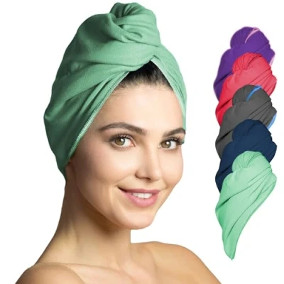 Obrázek Fit Flip ručník z mikrovlákna 2 kusy ručníku do vlasů s knoflíkem rychleschnoucí a savý hlava turban (mátová)