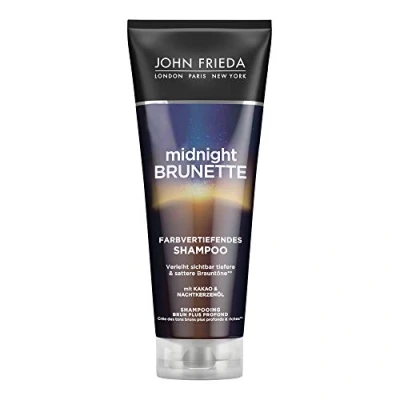 Obrázek John Frieda Midnight Brunette Shampoo Obsah: 250 ml Zintenzivňuje tmavé nuance barevnými pigmenty a kakaem pro hnědé brunetové vlasy