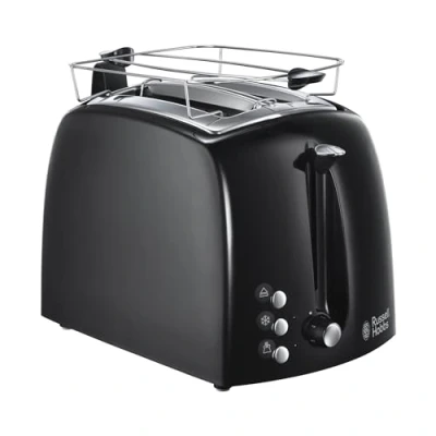 Obrázek Russell Hobbs Toaster Textures +, 2 extra široké toastové sloty, buchta a integrované kleště na toast, 6 nastavitelných úrovní opečení + funkce rozmrazování opětovného ohřevu, 850 W, černý toustovač 22601 56