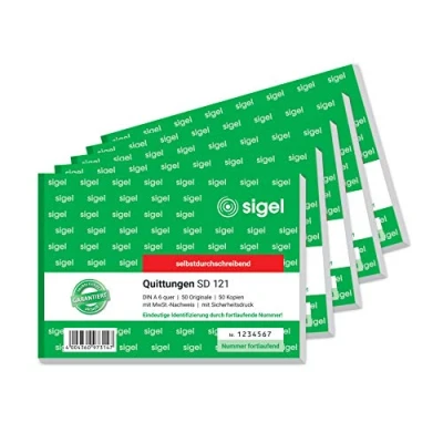 Obrázek SIGEL SD121/5 Blok stvrzenek průběžně očíslovaný, jedinečné 7místné číslo, A6 na šířku, 5 kusů, 2x50 listů, propisující, z udržitelného papíru