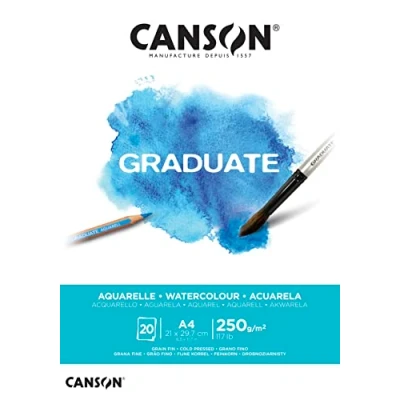 Obrázek CANSON Graduate, akvarelový papír, jemný, 250 g/m², na krátké straně lepený blok, DIN A4 21 x 29,7 cm, přírodní bílá, 20 listů