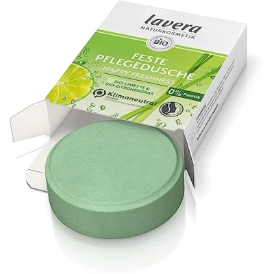 Obrázek lavera Pevný sprchový gel Happy Freshness s bio limetkou a citrónovou trávou čistí pokožku jemně, aniž by ji vyschla 3x vydatnější než tekutý přírodní kosmetika 1 ks / 50 g