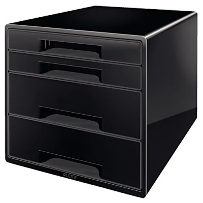 Obrázek Leitz Box se zásuvkami CUBE 4 zásuvkami, včetně průhledné zásuvkové vložky, pro uložení dokumentů a potřeb A4, černý, 52521095