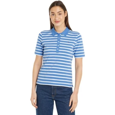 Obrázek Tommy Hilfiger Damen Poloshirt Kurzarm 1985 Pique Stripe Polo Regular Fit, Mehrfarbig (Breton Ecru/Blue Spell), M
