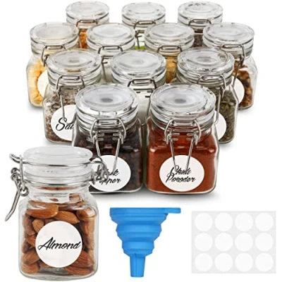 Obrázek BELLE VOUS 12 Stück Luftdichte Gewürzdosen aus Glas mit Scharnierdeckel 120 ml Wiederverwendbare Aufbewahrungsbehälter Etiketten &amp; Trichter Set für Küche, Lebensmittel Gewürze