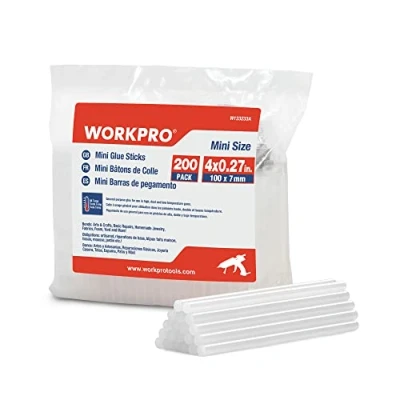 Obrázek WORKPRO Tavné lepicí tyčinky 100 x 7 mm, transparentní, univerzální, pro tavnou pistoli, ideální kutily, řemeslo, volný čas, 200 kusů