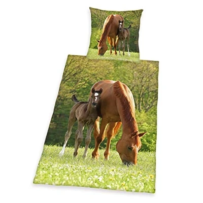 Obrázek Herding Young Collection Sada ložního prádla, motiv koně, povlečení 135 x 200 cm, povlak na polštář 80 bavlna/renforcé, zelený