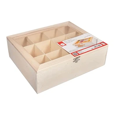 Obrázek Rayher 62972505 Dřevěný čajový box, 28,5 x 23,5 9 cm, 12 přihrádek, v přírodním stavu, s kovovou sponou, čajovým sáčkem, dřevěná krabička pro uložení čajových sáčků, kávových kapslí, koření atd.
