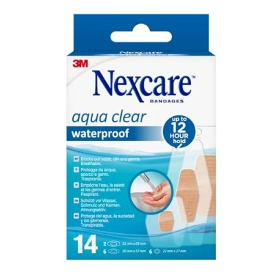Obrázek Nexcare Aqua Clear Waterproof náplasti, různé velikosti 14 náplastí v balení voděodolné náplasti na rány a malé škrábance, pro lékárničky