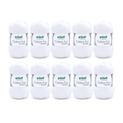 Obrázek Gründl Cotton Fun pletací příze / háčkovací (měkká ze 100% bavlny, certifikováno Öko Tex, 50 g/115 m, síla jehlic: 3 4, 10 klubko á g), bílá, 27. 00 x 11. 07. cm