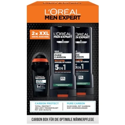 Obrázek L&#039;Oréal Men Expert sada pro péči o muže, dárková se sprchovým gelem a deodorantem XXL 5 v 1, dárek muže včetně bodywash Deo Roll On s karbonem, Pure Carbon, 2 x 400 ml, 1 50 ml