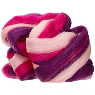 Obrázek Rayher Hobby 5366300 merino hřeben multicolor, růžové/fialové tóny, 50 g v pásce, jemná, 21 mic, plstěná vlna, česaná 100% ovčí vlna na plstění