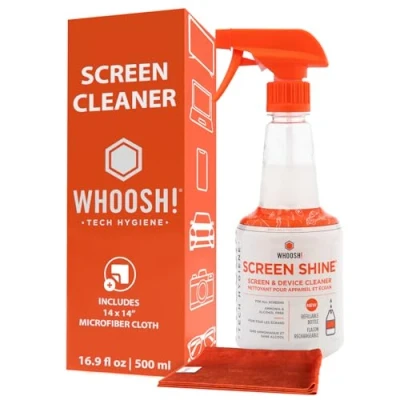 Obrázek WHOOSH! Nachfüllbar Bildschirmreiniger Spray 500ml+ 1 Mikrofaserreinigungstuch (35x35cm) Für TV, Auto, Computer, Laptop, MacBook, iPad, Telefon, Kamera, Touchscreen