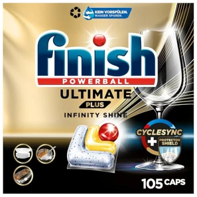 Obrázek Finish tablety do myčky nádobí Ultimate Plus Infinity Shine Citrus pro intenzivní čištění, sílu rozpouštět tuky a lesk s ochranným štítkem 105 kapslí, tablet, citrón
